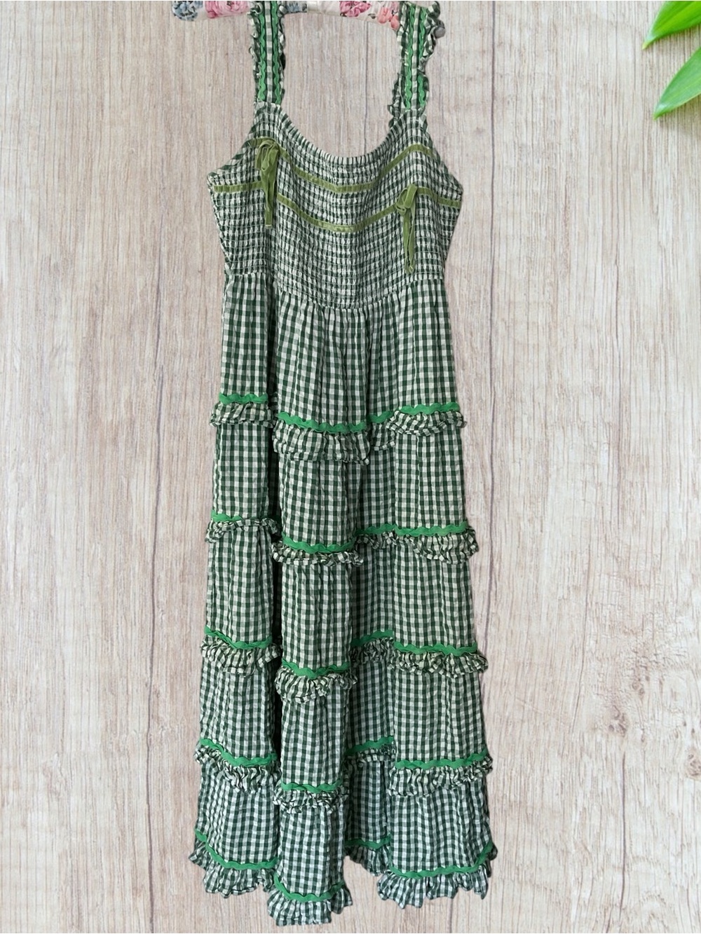 Neon Rose Green Gingham Tiered Sundress